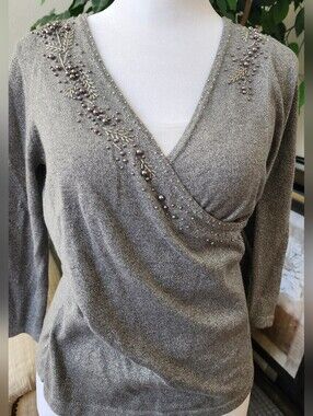 Ann Taylor Petite Metallic Gray Knit Top